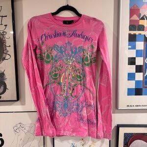 Y2K Christian Audigier Pink Graphic Long Sleeve Tee - size M